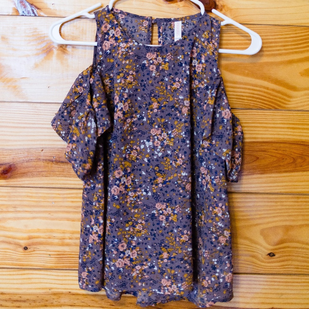 Purple Floral Cold Shoulder Blouse